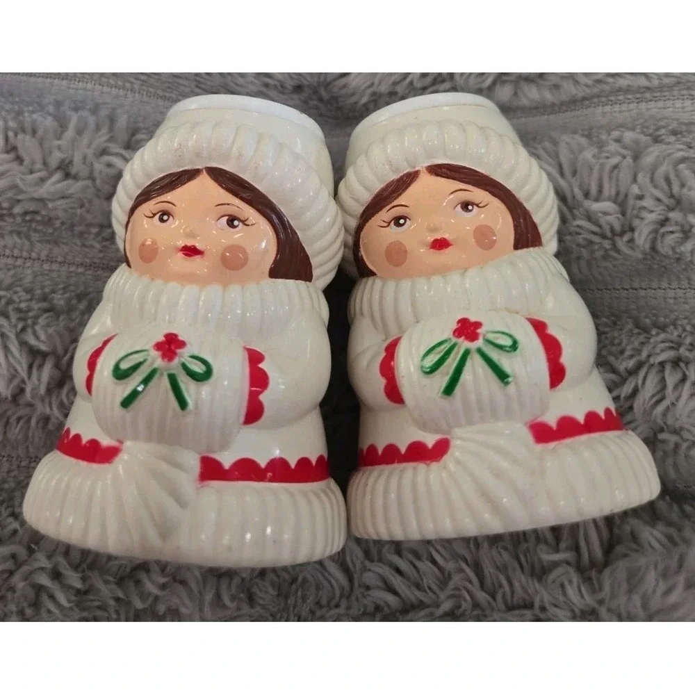 Vintage Lot of 2 Avon Christmas Caroling Girls Taper Candle Holders